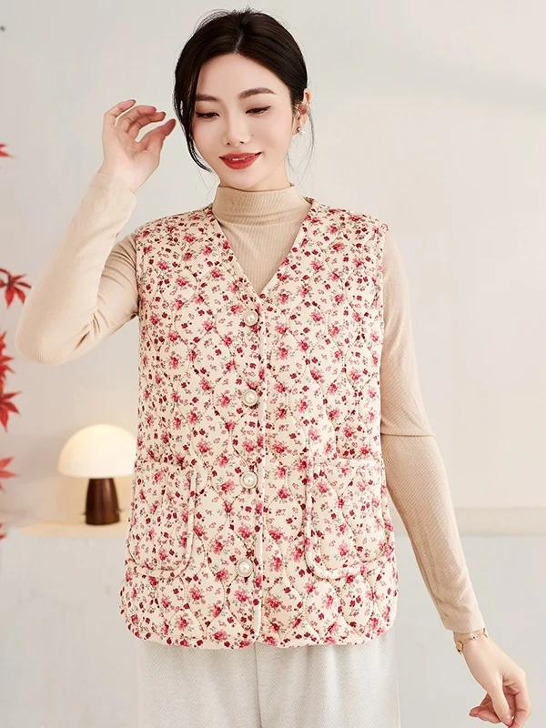 

Утепленный жилет с цветочным узором для мам, теплая верхняя одежда на осень-зиму, модный дизайн с подплечниками, растительный цветочный принт