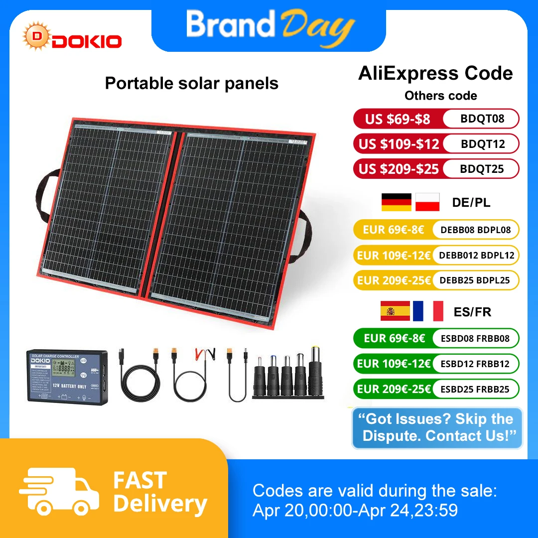 Dokio-Panneau solaire portable et pliable, 18V, 100/160/200/300 W, avec contrôleur 12V pour charger la batterie, adapté au camping