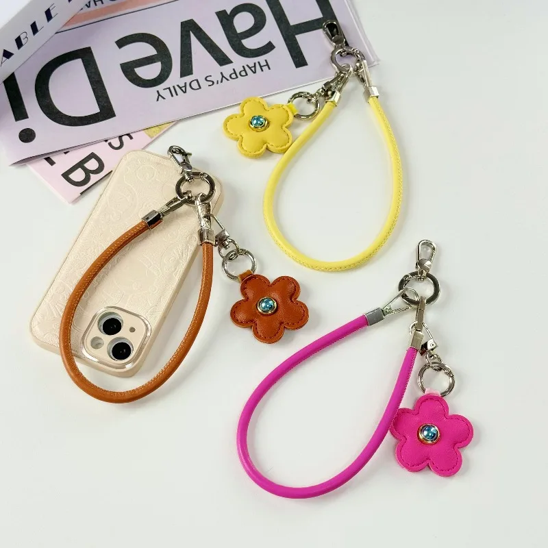 

Ins Style Colored Leather Flower Mobile Phone Lanyard Keychain Removable Decorative Candy Color Small Pendant