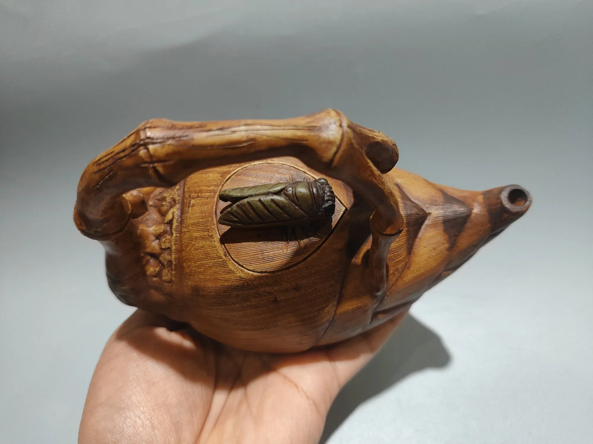 Unique Old Chinese YiXing Handcraft puyple Clay TeapotBamboo Shoot Handle Teapot, with mark, Free shipping