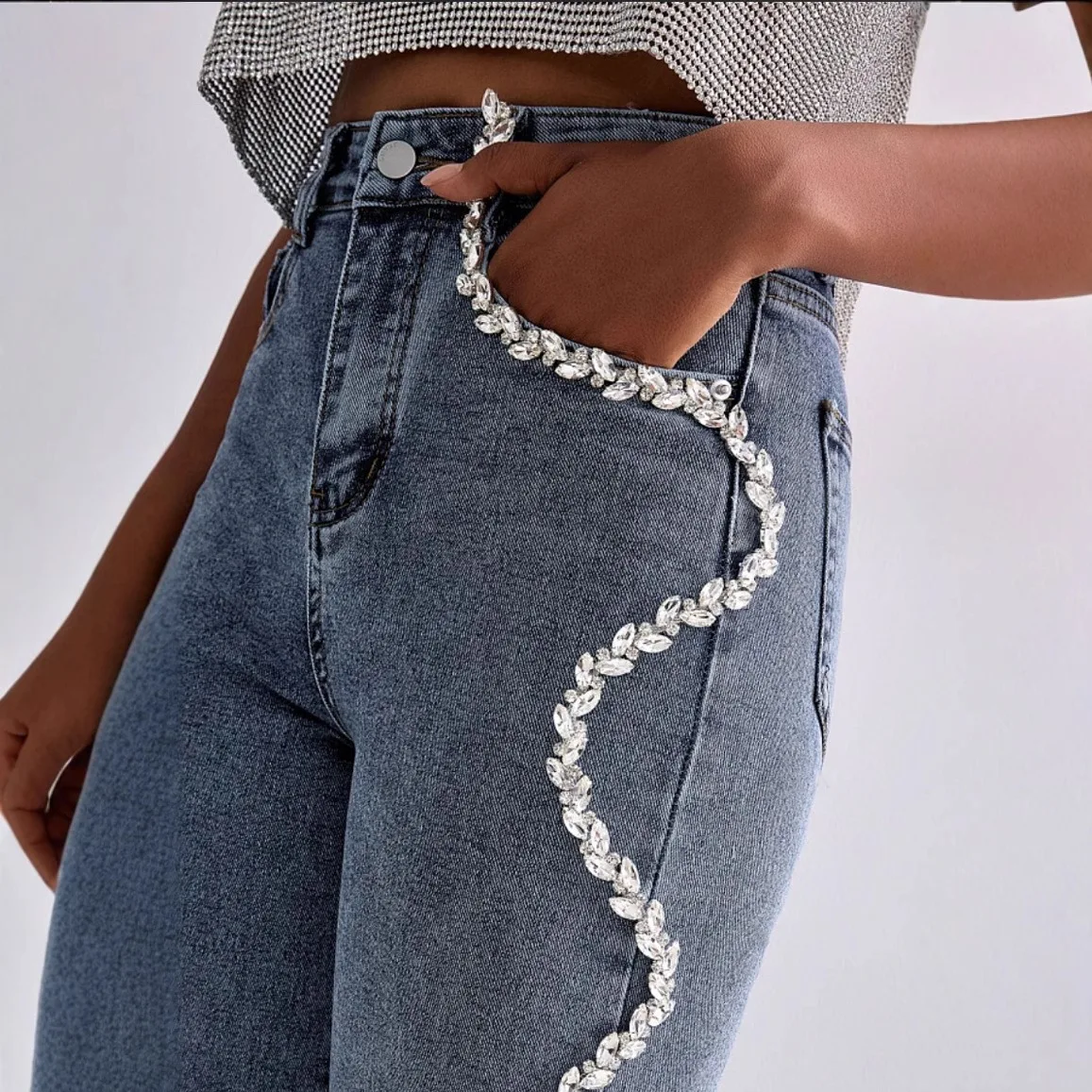 Jeans Berlian Imitasi Elegan untuk Wanita Celana Baggy Lurus Longgar Jeans Pinggang Tinggi Celah Celana Denim Katun Chic Fashion Wanita