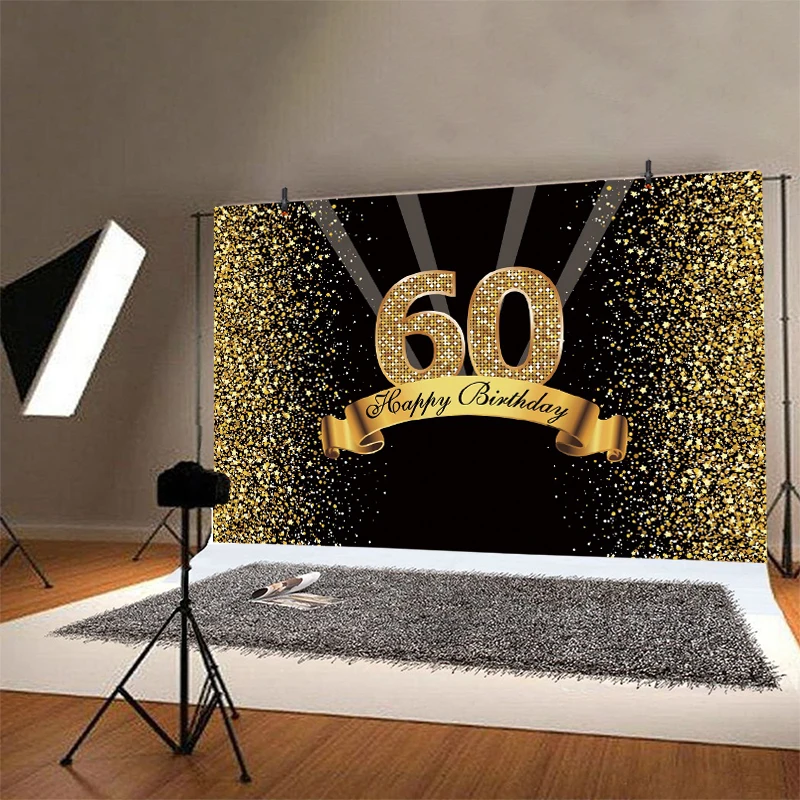 Black Gold 60th Photo Backdrop Woman Man Happy Birthday Party Sixty 60 Years Old Photograph Background Banner Decoration Prop