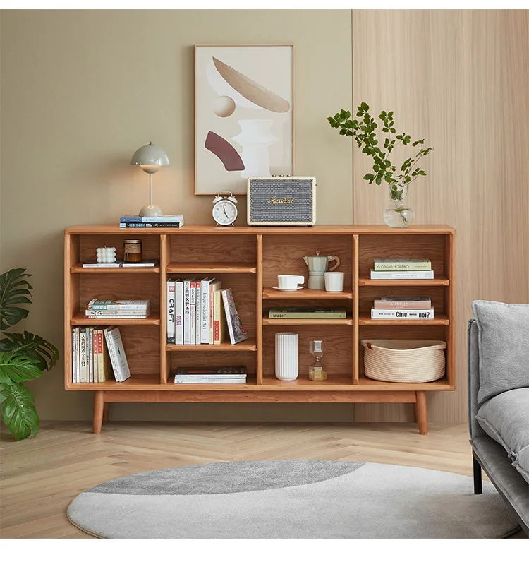 

Nordic solid wood bookshelf, black walnut cherry wood floor-to-ceiling bookcase, Japanese lattice cabinet, oak shelf.
