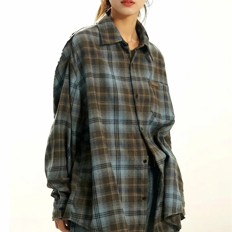 Fashion Trend Two-Color Woolen Plaid Shirt For Men Women Spring Y2k Retro American Loose Casual Long-Sleeved Shirt Couple Coat