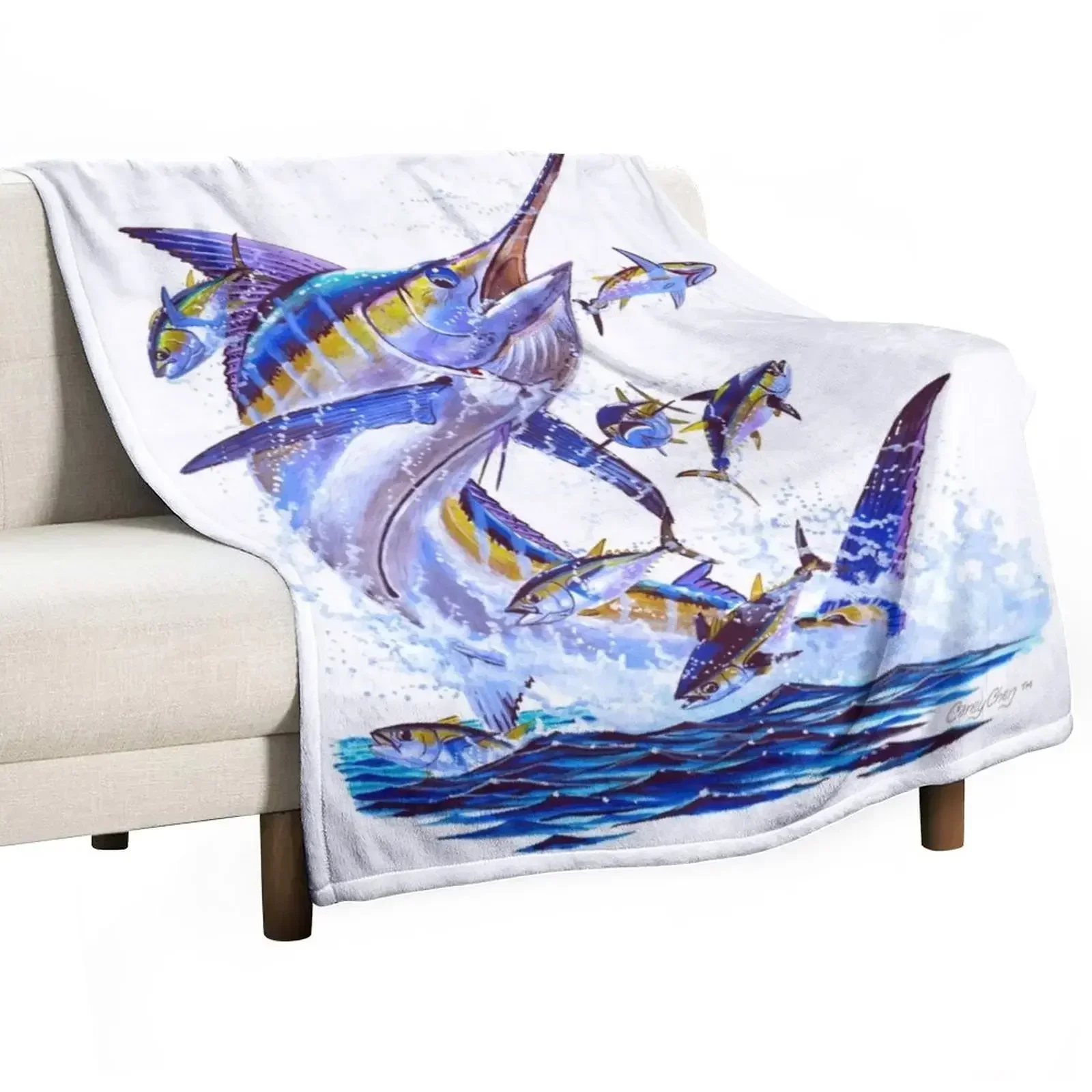 blue marlin and tunas Throw Blanket Custom Summer Furry Sofa Quilt Blankets