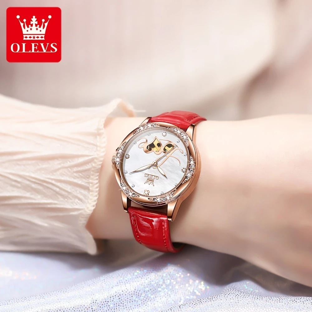 OLEVS 6613, модные механические часы, подарок, ремешок для часов из натуральной кожи, наручные часы с круглым циферблатом