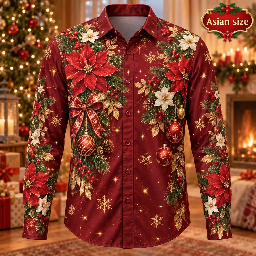 2026 Christmas Poinsettia Long Sleeve Button Down Shirt for Men 3D Print Polyester Holiday Party Festive Winter Casual Shirts