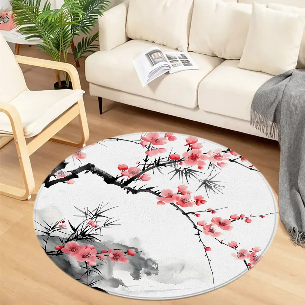 

Cherry Blossom Round Floor Mat Botanical Landscape Flower Ink Painting Circular Carpet Living Room Bedroom Room Decor Rug Pad