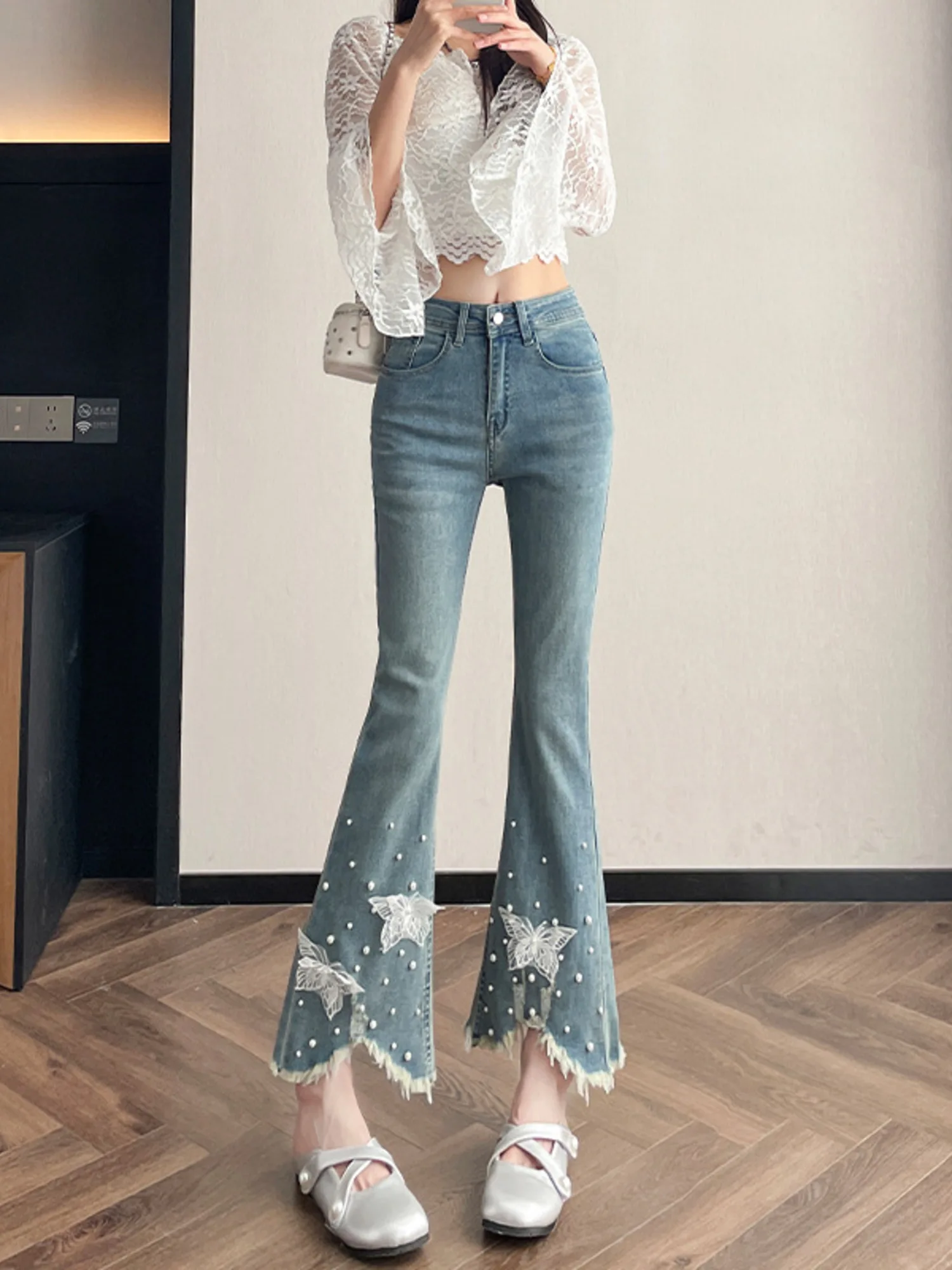 Women High Waist Butterfly Embroidered Pearl Flare Jeans Slim Fit Bootcut Denim Pants Frayed Hem Ankle Length