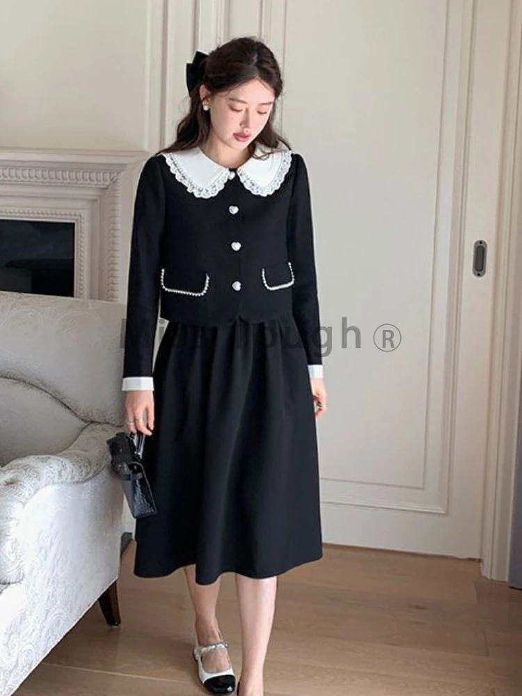 Lace French Vintage Two Piece Set Women Button Korean Fashion Mini Skirts Suit Female Peter Pan Collar Coat + Designe Skirt 2023