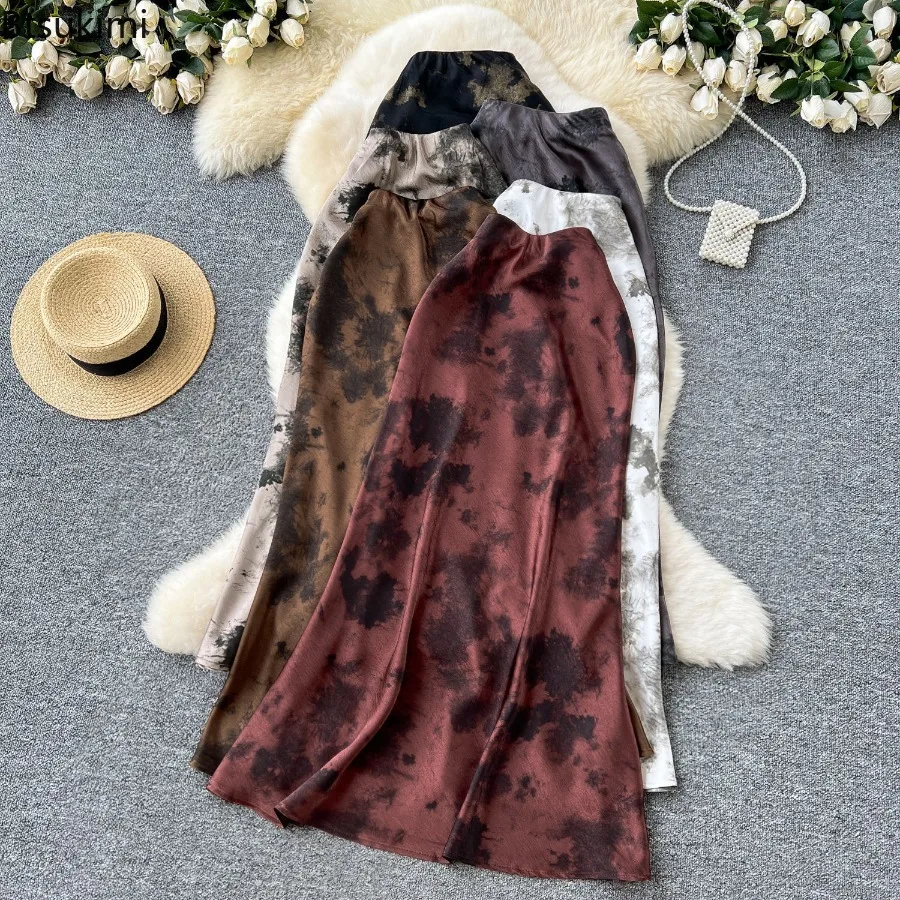 French Fashion Satin Maxi Midi Skirt for Women Summer Skirts New Skinny High Waisted Elegant Retro Ink Printed Fishtail Skirt