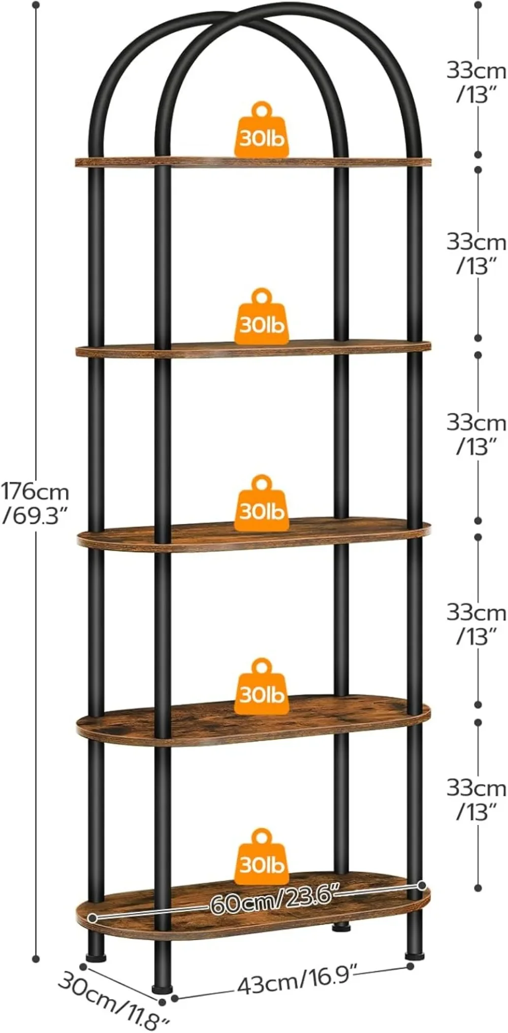 5 Tier Open Bookshelf, Industrial Arched Bookcase Display Shelf Racks, Wooden Bookcase Storage Shelves Metal Frame