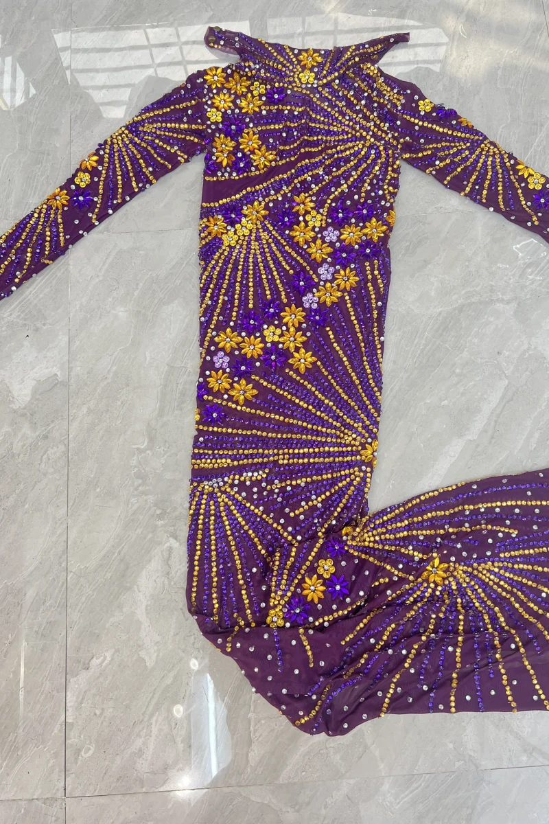 Abito lungo sexy in rete con strass viola, ballo di fine anno, compleanno, festeggiare, feste serali, aderente, costume di scena, abiti modello cantante