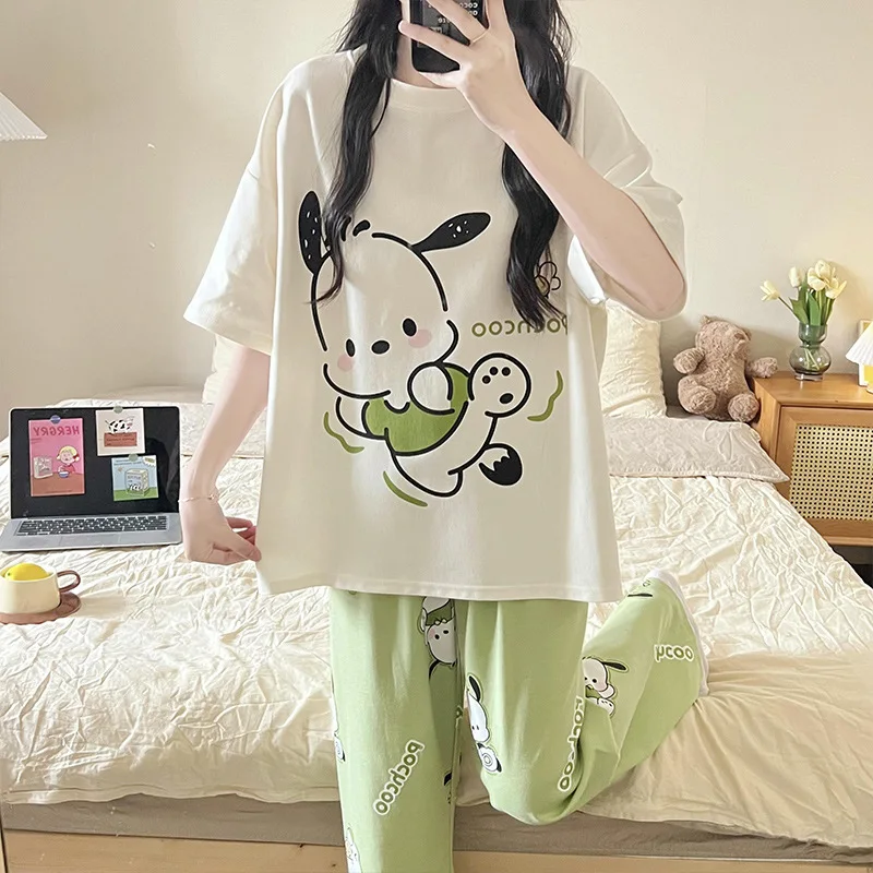 Sanrio New Pochacco Pajama Set Kawaii Hellokitty Melody Cinnamoroll Four Seasons Short-Sleeved Shorts Trousers Three-Piece Set