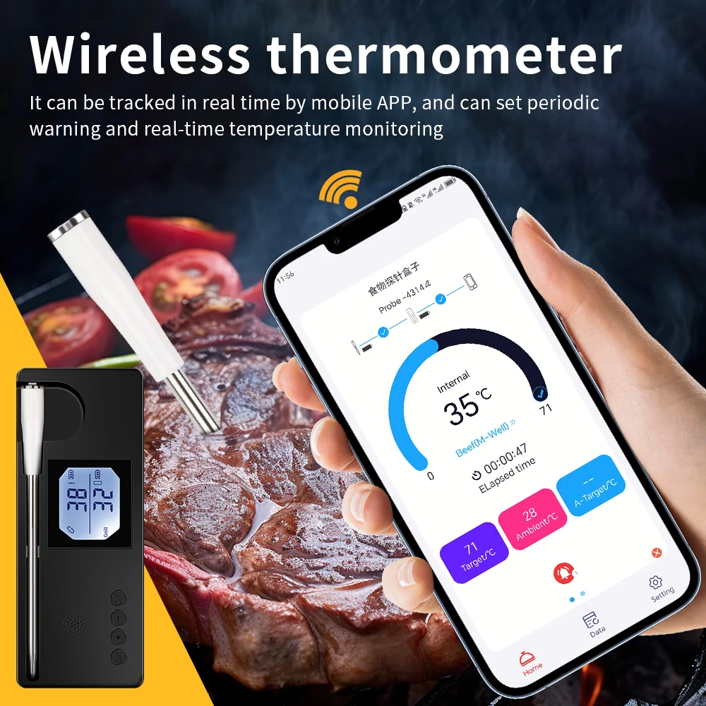 Wireless Oven Thermometer 500ft Gril Meat Thermometer Bluetooth APP Smart Food Thermometer Type-C Charging Barbecue Kitchen Tool