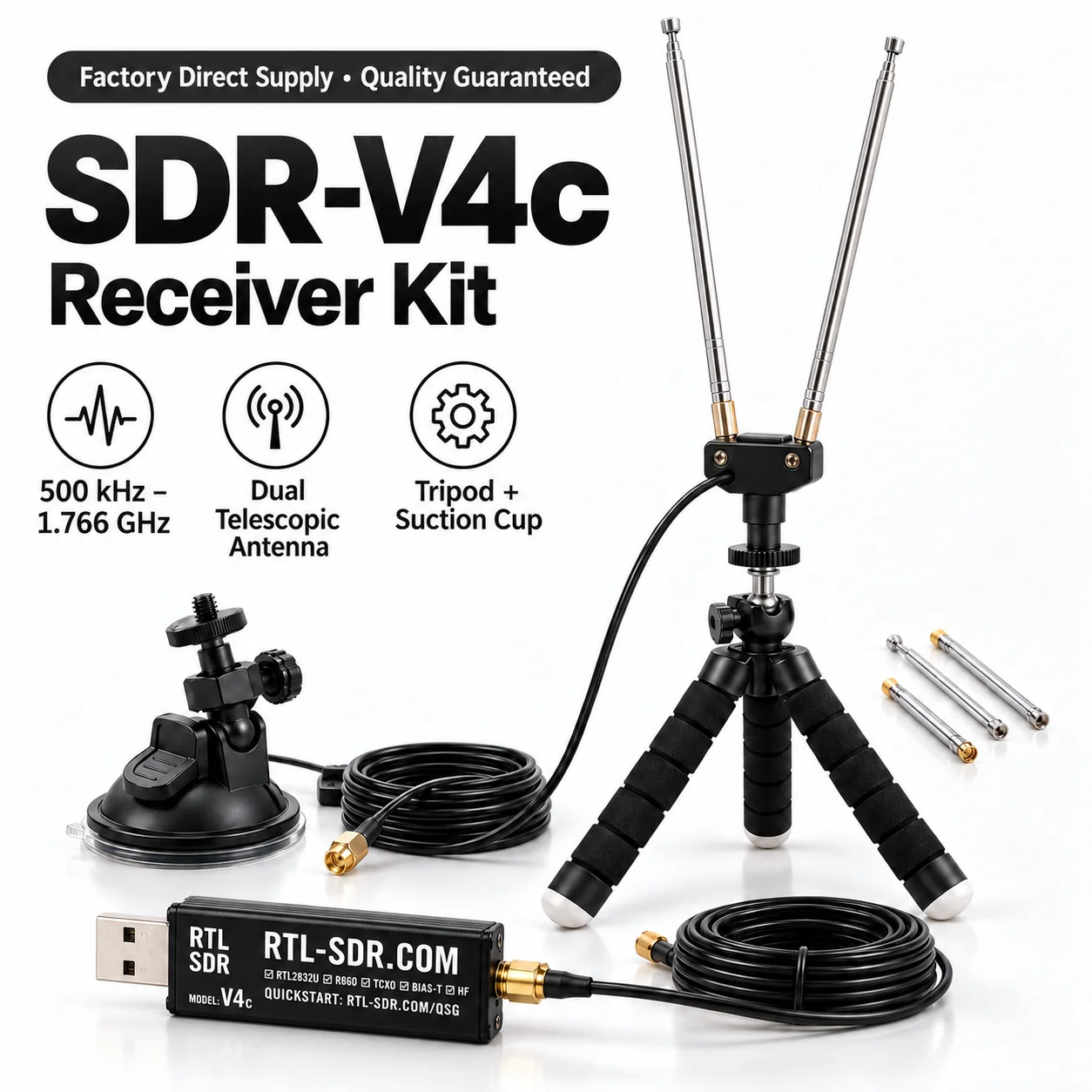 RTL SDR V4c USB SDR Receiver Kit 500kHz 1.766GHz RTL2832U R860 TCXO 1PPM with Dual Telescopic Antenna Tripod Suction Cup Mount