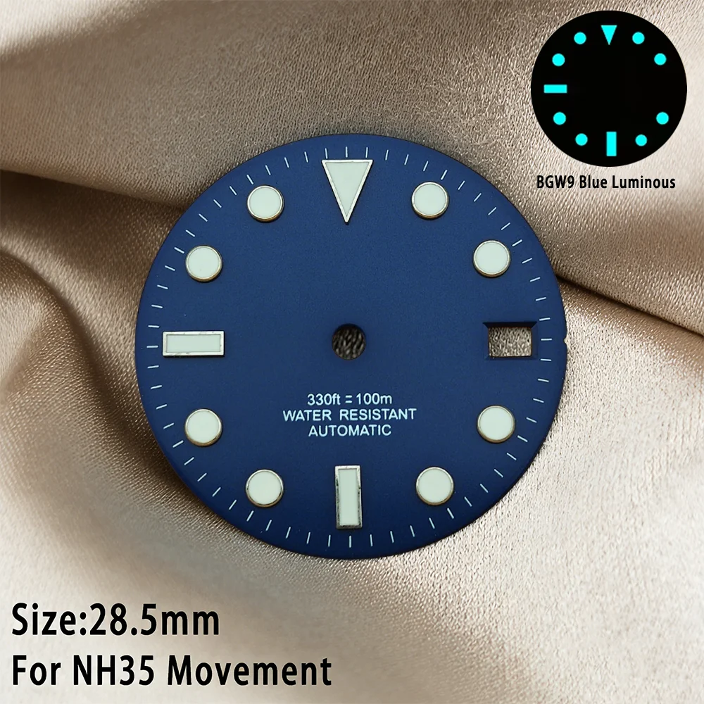 NH35 Zifferblatt 28,5MM Uhrenzifferblatt NH36 Zifferblatt NH35 SUB Zifferblatt BGW9 Blau Leuchtend NH35 Zifferblatt mit Zeigern Kalender Uhrenzifferblatt Modifikation
