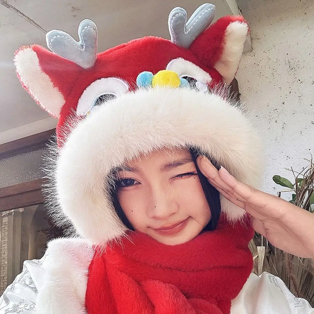 Ear Muffs Lion Dance Beanies Hat Tassels Lace Up Winter Plush Warm Hat Cute Thickened New Year Pullover Cap New Year Gift