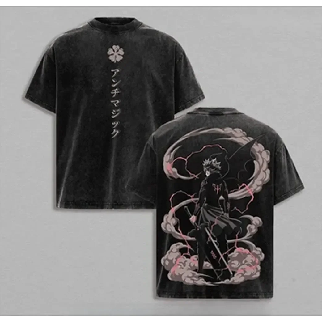 Asta Black Clover Anime T-shirt Vintage Y2k Washed Oversized T Shirt Summer Casual Short Sleeve Cotton Tees Tops Men Clothing