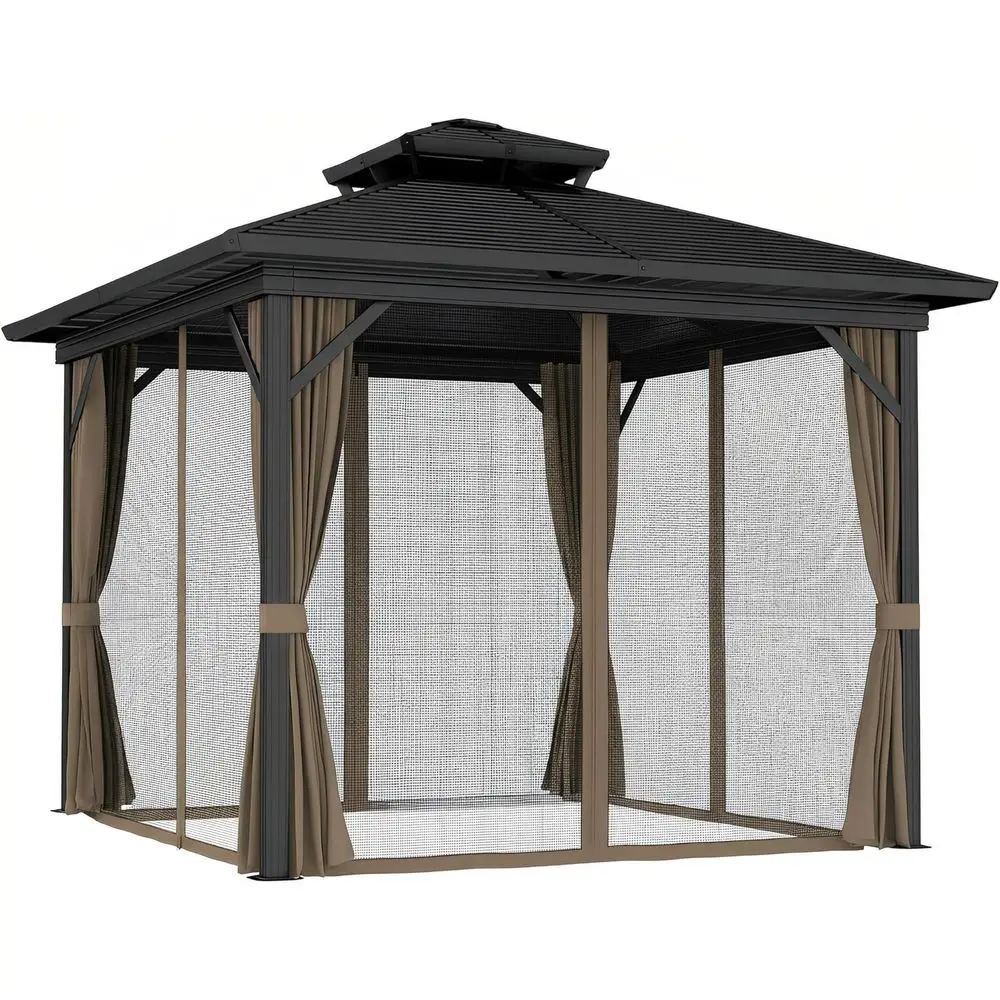 

10' x 10' Hardtop Gazebo with Galvanized Steel Double Roo, e, Permanent Pavilion Outdoor Gazebo with Netting and Curtains or Pat