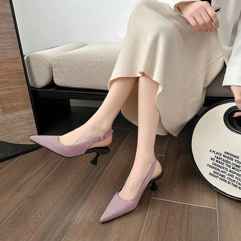 Pumps Sexy High Heels 2024 Summer Trend Women's Shoe Kitten Heels Pointed Toe Sandals Fashion Back Buckle Ladies Stilettos Party