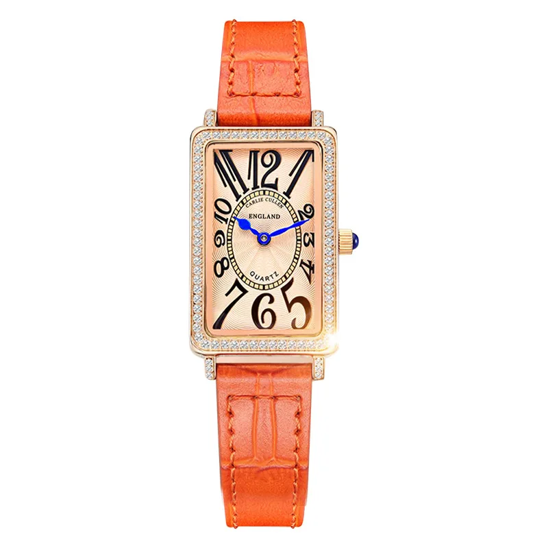 Fashion Unique Design Luxury Diamond Crystal Women Watches Orange Leather Strap Quartz Girl Ladies Clock Dress Wristwatch