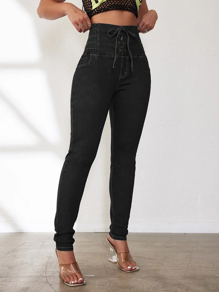 الأوروبية الأمريكية الربيع / الصيف نمط جديد مثير الورك رفع الدانتيل متابعة نحيل الجينز. جينز نسائي كاجوال عالي الخصر