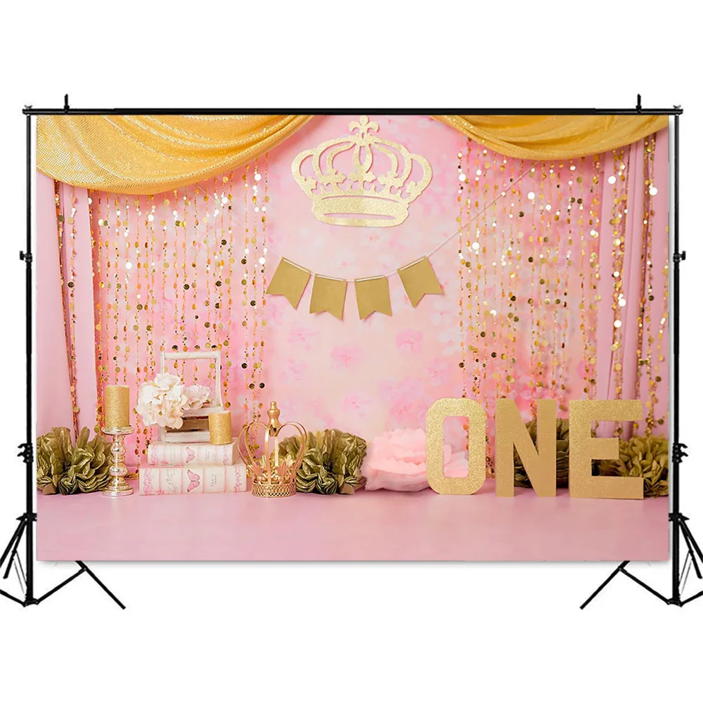Princess Theme Cake Smash Birthday Backdrop Sweet Girls 1st Birthday Pink Photo Background Gold Crown and curtrain Photography