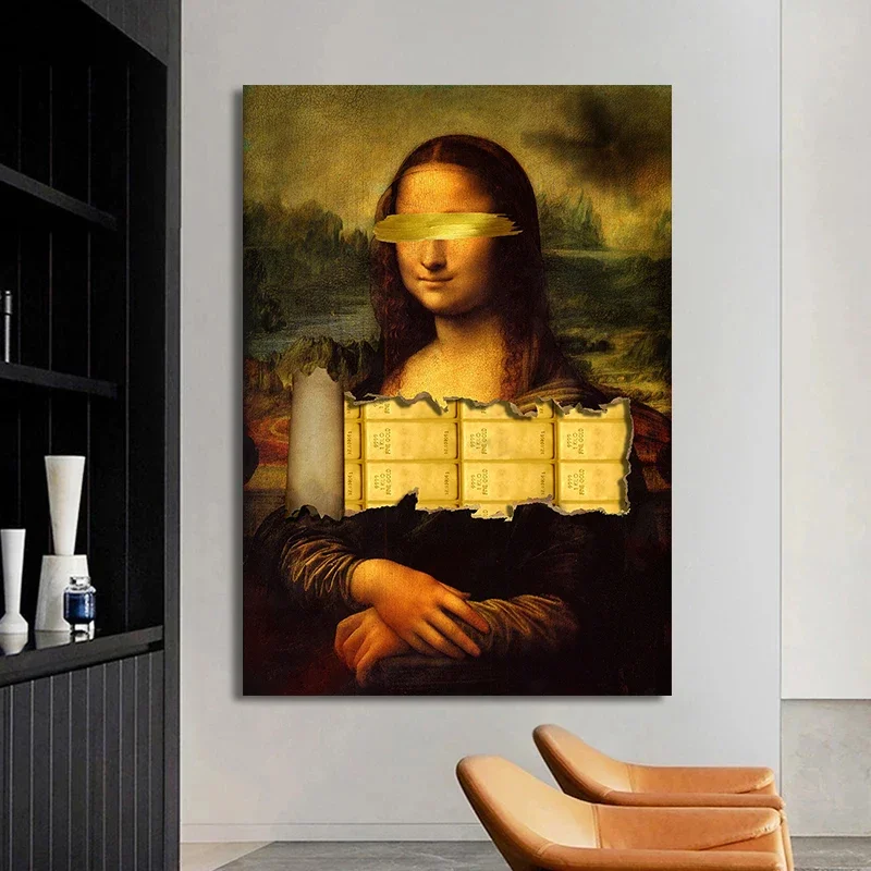 مضحك الموناليزا المشارك الرسم على لوحات القماش الجدارية الملصقات الكلاسيكية النفط اللوحة شخصية مضحك مثيرة للاهتمام صور ديكور المنزل #4