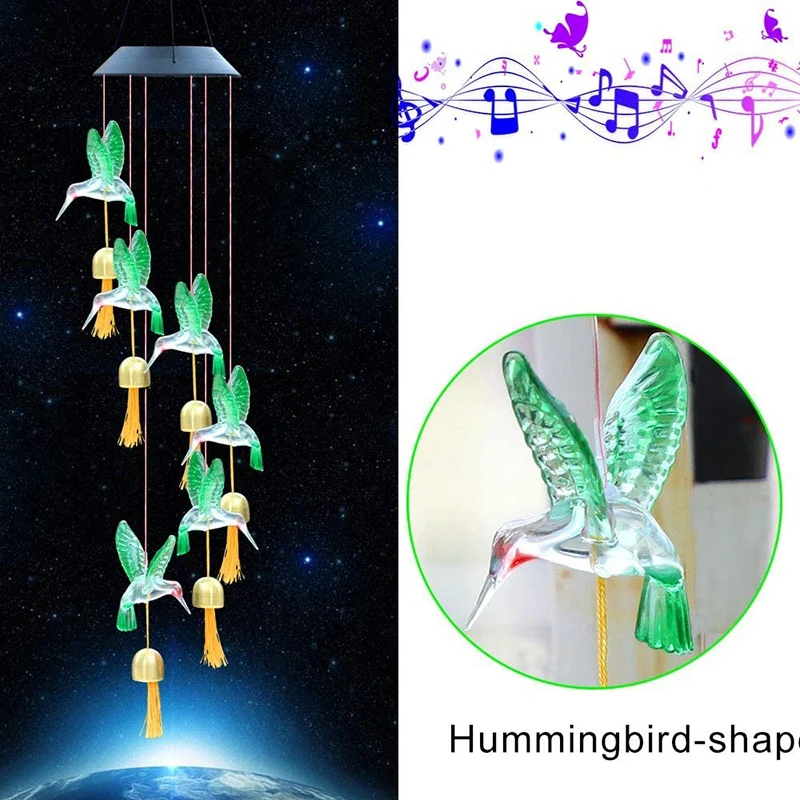AB02 2 Pcs Solar Bird Wind Chimes Outdoor,LED Color Changing Solar Wind Chime With 6 Bells,Solar Lights Garden Decor