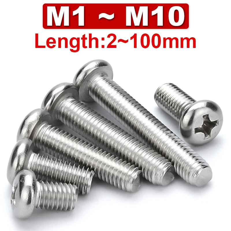 

304 Stainless Steel PM Round Head Cross Screws Round Head Pan Head Cross Machine Screws Flat Tail Bolts M1 M1.2 M1.4~M10 GB818