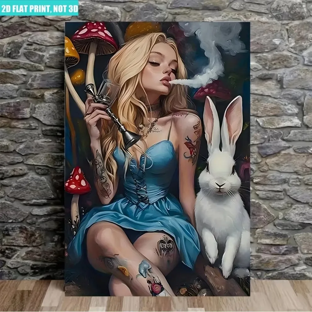 2D Edgy Whimsical Canvas Art –  in Blue Dress with White Rabbit & Mushrooms |Ideal for holiday  Decor, Fits room/Office/Kitchen