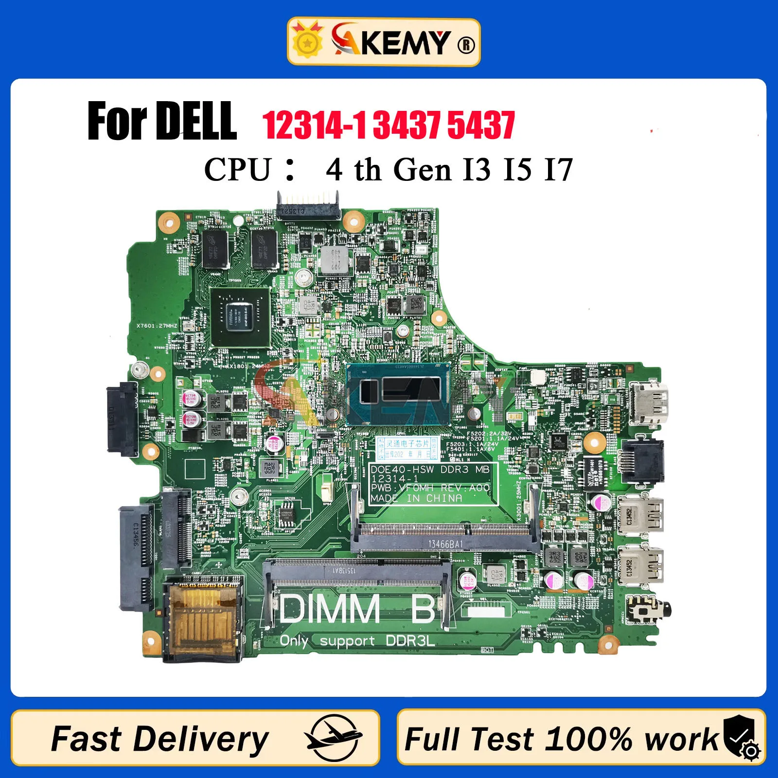 

DOE40-HSW 12314-1 12307-2 для Dell 14R 3437 5437, материнская плата для ноутбука с графическим процессором DDR3, полностью CN-0PFWVF 0PFWVF 0YFVC4, 100% тестовая работа