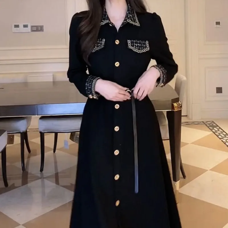 Spring and Autumn Women\'s Pullover Square Neck Long Sleeve Solid Button Plaid Pocket Long Dresses Fashion Casual Elegant Dresses
