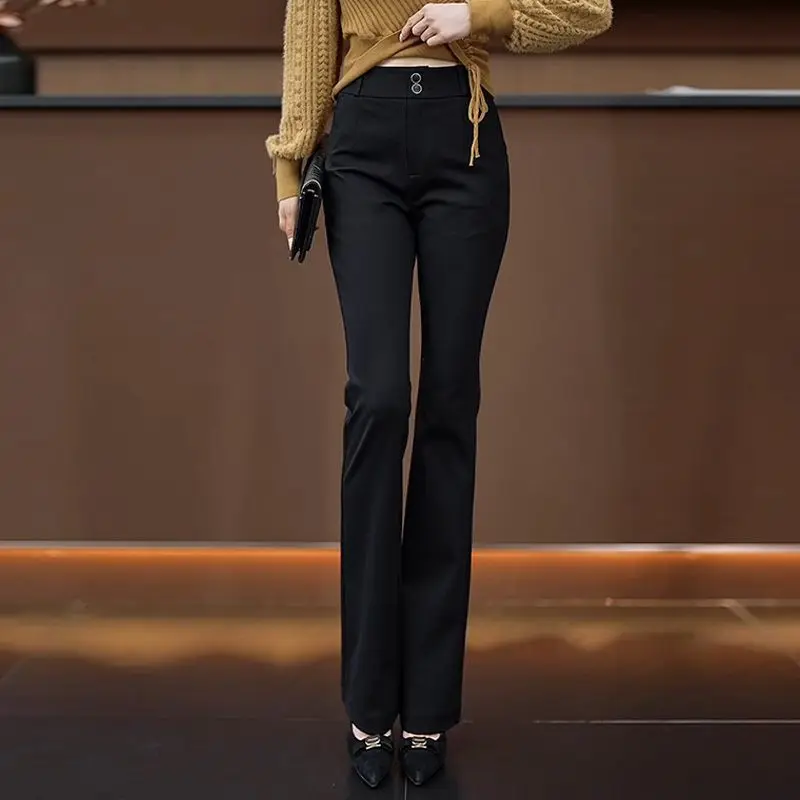 Women High Waist Single Button Zipper Fly Slim Fit Micro Flare Full Length Casual Trousers