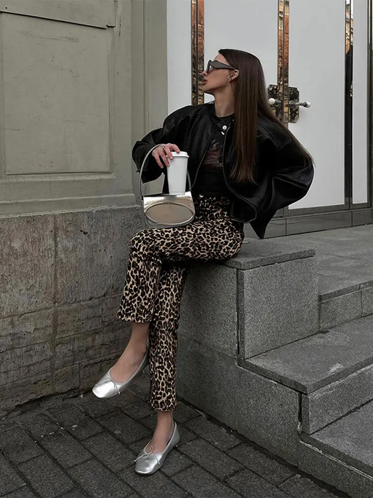 Leopard Print High Waist Zipper Pencil Pants Women Fashion Button Casual Long Pants 2024 New Elegant Lady High Street Trousers