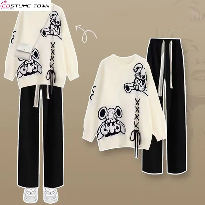 

2023 Autumn/Winter Korean Edition New Temperament Casual Wide Leg Pants Fashion Sweater Women's Two Piece Set Fashion