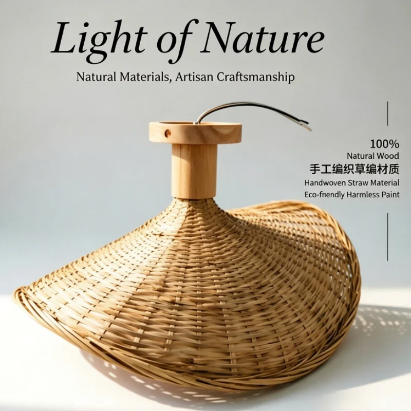 

Vintage Bamboo Wicker Pendant Light Japanese Wabi Sabi Style Hanging Lamp for Dining Room Cafe Interior Lighting