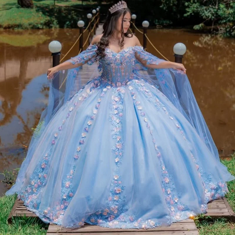 

sky blue Quinceanera Dress Lace layering 3D flower decal Long tail Tull 3D flower vestidos de 15 Quinceanera ﻿Customized