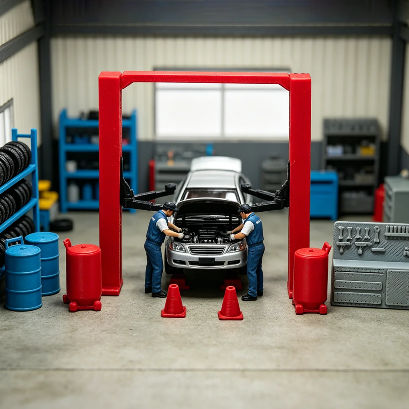 Miniatur-Autoreparaturwerkstatt-Ausrüstungsmodell, 1:64 Maßstab Realistische Auto-Modell-Szenen-Dekoration Zubehör
