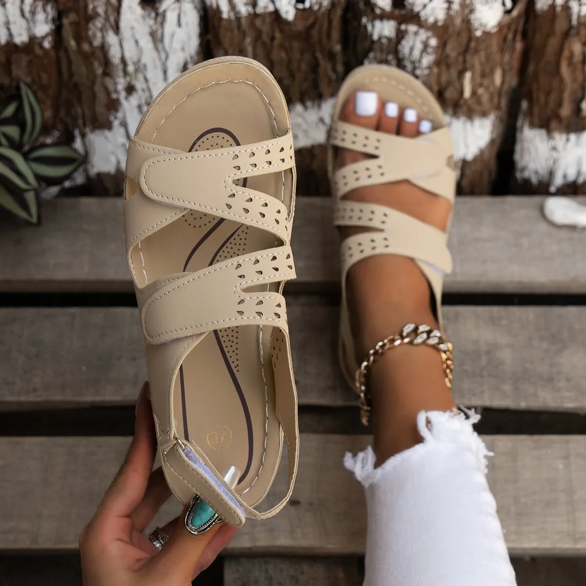 

2025 new style of thick-soled hollowed-out slope and Roman Velcro solid color breathable toe-exposing women's sandals