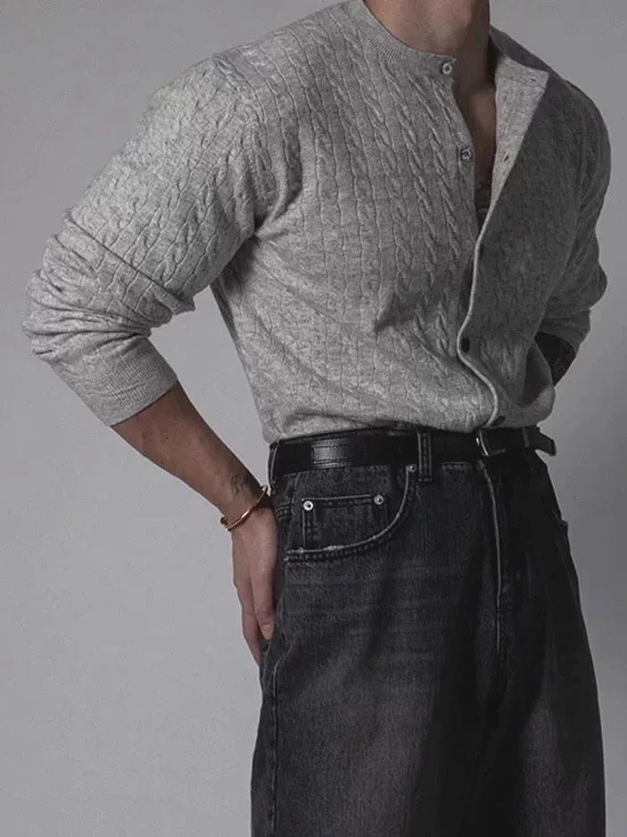 

Мужской приталенный вязаный шерстяной кардиган с круглым вырезом и длинными рукавами, свитер с узором «косы», американский повседневный стиль, весна