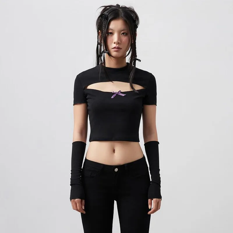 Summer new round neck with sleeve hollow out exposed navel high waist slim fit t-shirt for women