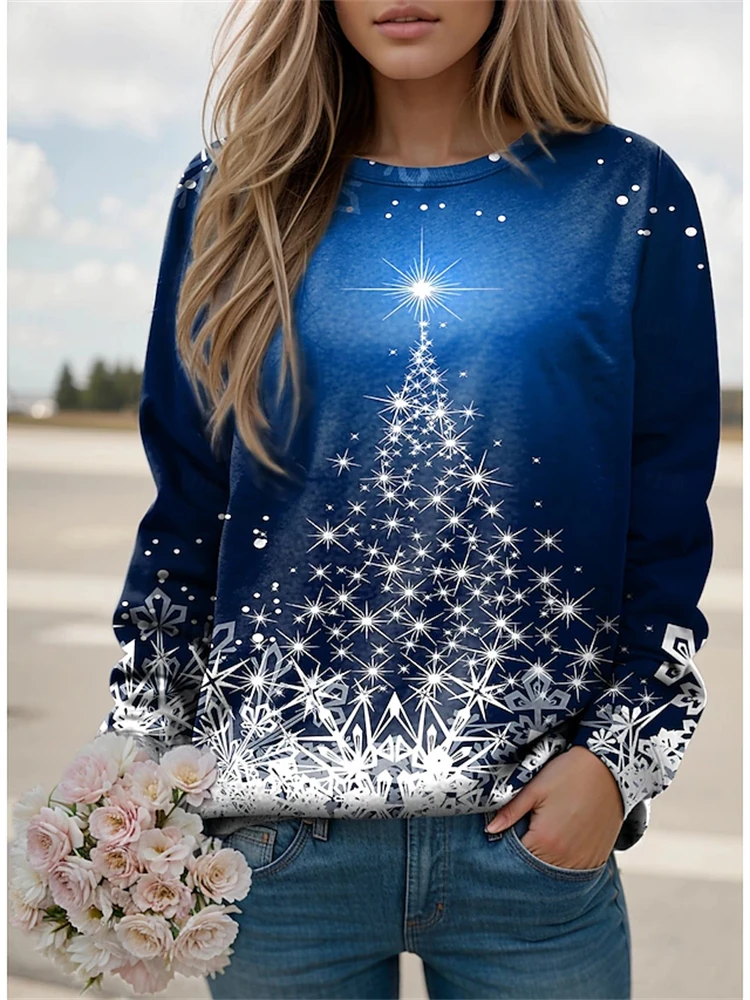 New Christmas Pullover Women's Christmas Tree Pattern Cat Printed Long Sleeve New Year Sweatshirt Fashion Street Casual Clothing