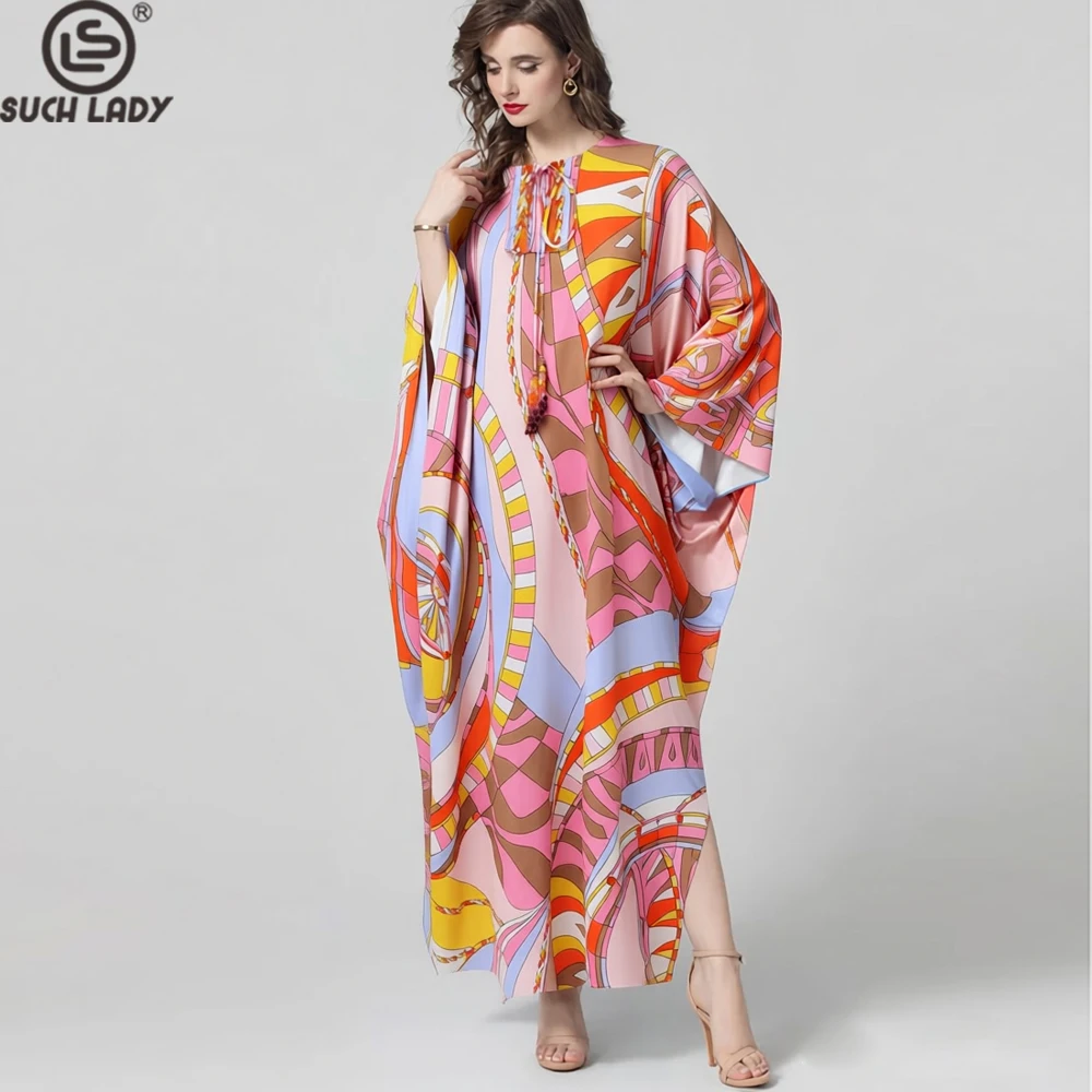 

Women's Abstract Print Kaftan Maxi Dress O Neck Flowy Loose Fit Summer Beach Coverup Long Robes Vestidos