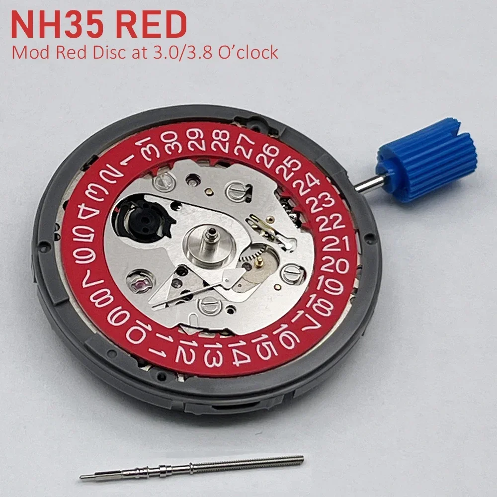 Genuine NH35 Mechanical Movement Modified Red Datewheel 3.0/3.8 Crown Japan Mod NH35A Mechanism Black/Blue/Vintage-Silver Disc