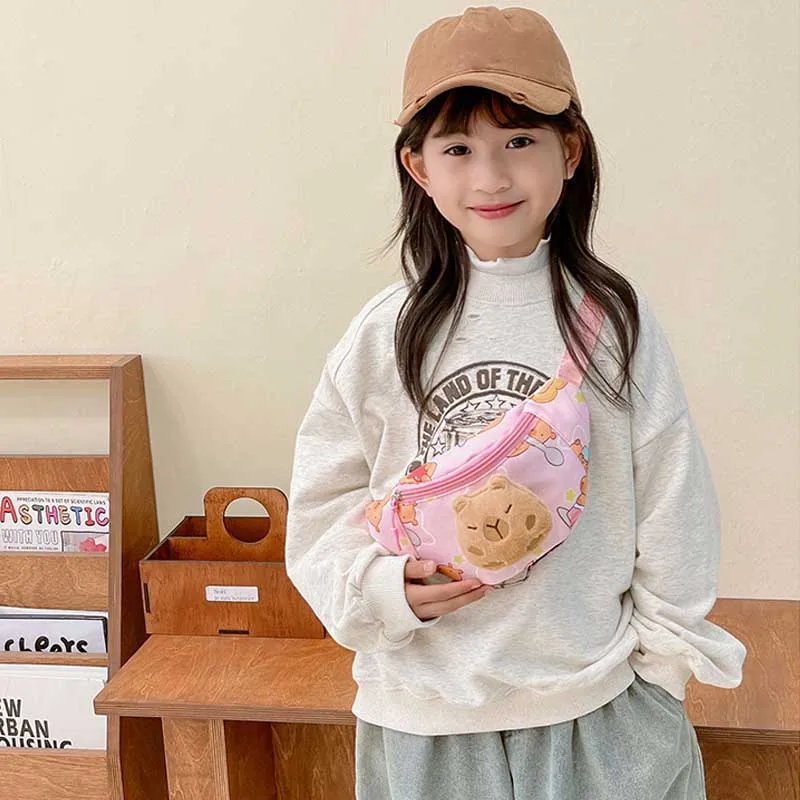 تريند كارتون سعة كبيرة بنين بنات حقيبة الخصر لطيف كابيبارا الخصر حزم طفل حقيبة صدر مع حقيبة كتف دمية قطيفة للجنسين