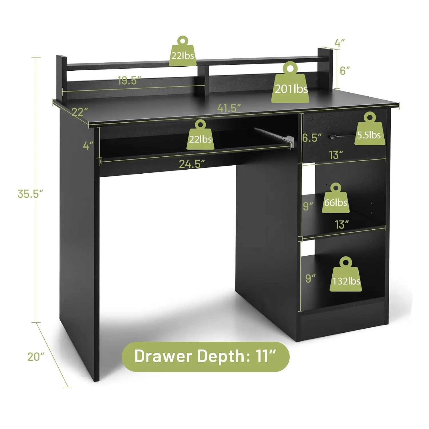 22 Inch Computer Desk with Drawer & Keyboard Tray, Study Writing Desk with Hutch & Storage Shelves, Home Customized