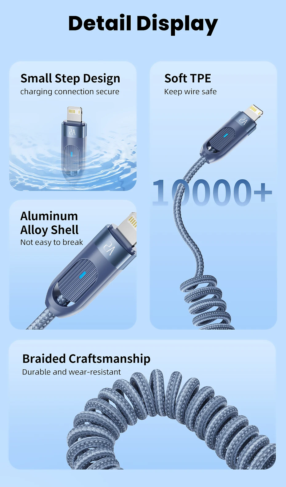 Toocki Auto-USB-Lightning-Kabel 2.4A, spiralförmiges, teleskopisches Schnellladekabel für iPhone 14 13 12 Pro Max 8 7 Lightning-Ladekabel – Detail 10