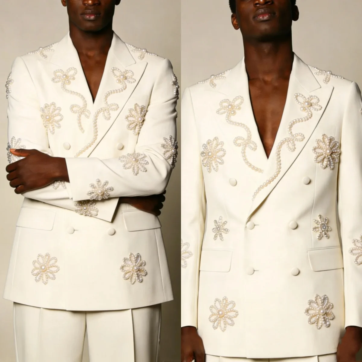 Elegant Man Tuxedos Pearls 2 Pcs Jacket Pants Wedding Suit Slim Fit Double Breasted Evening Groom Graduation Wear Customized